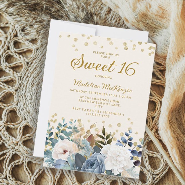 Dammig blå vit blomster guld glitter Sweet 16 Inbjudningar (Skapare uppladdad)