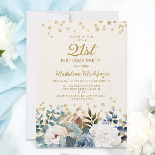 Dammig blå vit blomster guldfödd 21-årsdag inbjudningar