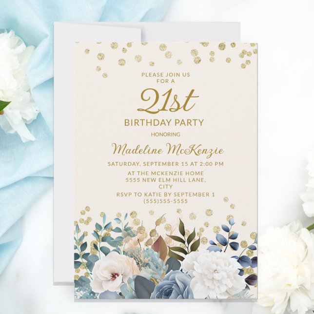 Dammig blå vit blomster guldfödd 21-årsdag inbjudningar (Skapare uppladdad)
