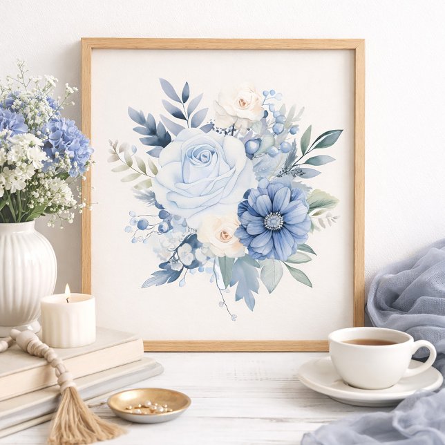 Dammig blå vit blomster hem inredning poster (Serene dusty blue and white floral art print)