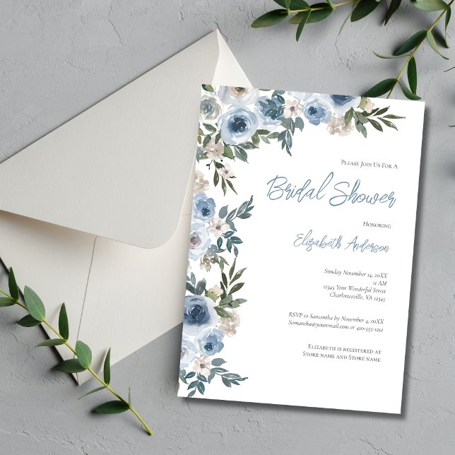 Dammig blå vit blomster vattenfärg bröllopsdusch  inbjudningar (Dusty Blue Floral Greenery Watercolor Elegant Bridal Shower invitation)