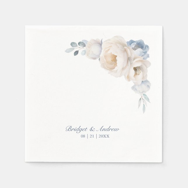 Dammig blå vit blomsterbröllop pappersservett (Framsidan)