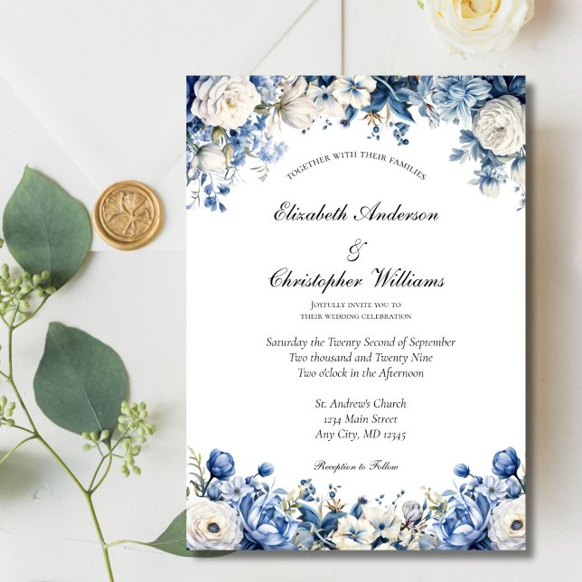 Dammig blå vit elegant blomster vattenfärg bröllop inbjudningar (Dusty blue white watercolor Floral wedding invitation. Printed or Digital Download)