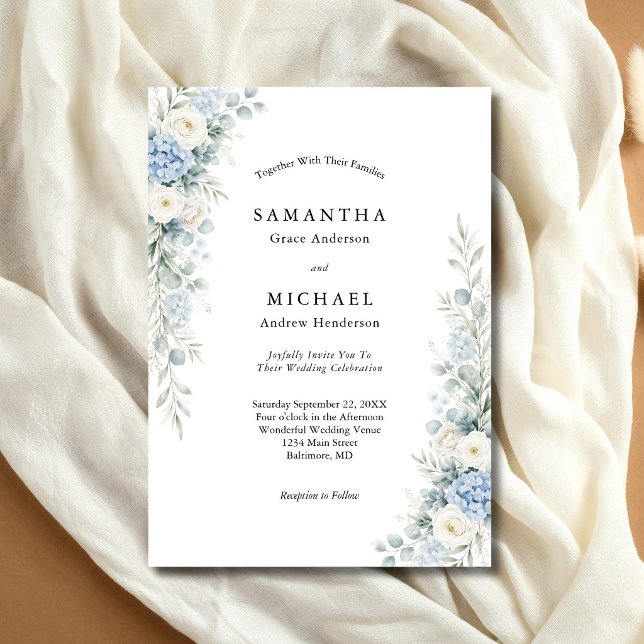 Dammig blå vit kräm blomster bröllop inbjudningar (Dusty blue and cream white watercolor florals modern elegant wedding invitation)
