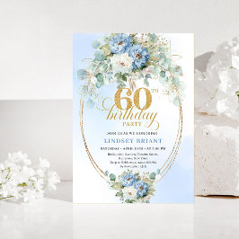 Dammig blå vit peony guld blommig 60-årsdag inbjudningar