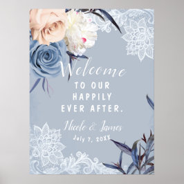 Dammig blågrå och persikofärgad blomsterbroderad v poster