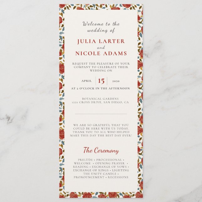 Dammig Elegant Guld Röd Ros Blomma Bröllop Program (Framsida)
