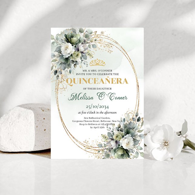 Dammig grön eukalyptus Quinceañera guld inbjudan (Dusty Green Eucalyptus Quinceañera Gold Invitation)