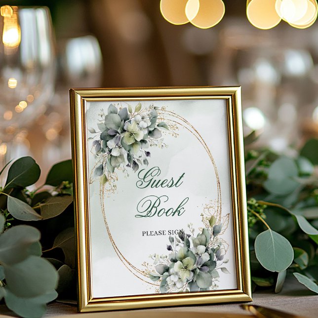Dammig grön lövverk Gästbok Bordsskylt Poster (Dusty Green Foliage Guest Book Tabletop Sign)