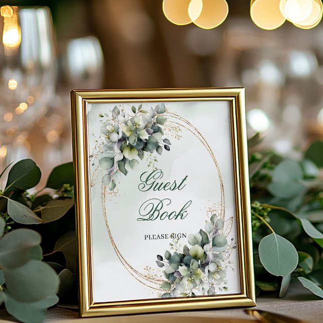 Dammig grön lövverk Gästbok Bordsskylt Poster (Dusty Green Foliage Guest Book Tabletop Sign)