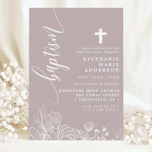 Dammig lavendel vit blomster elegant script dop inbjudningar