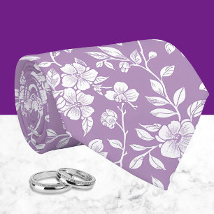 Dammig lila och vit chinoiserieblomma slips