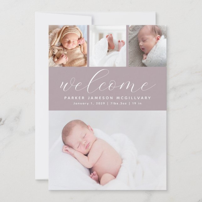 Dammig lila välkomstfoto collage Baby födelse Meddelande (Framsida)