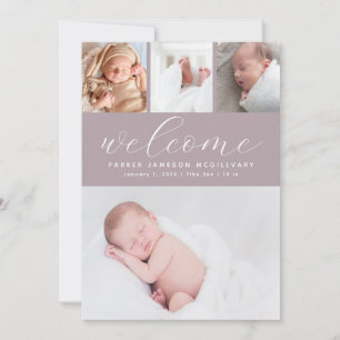 Dammig lila välkomstfoto collage Baby födelse Meddelande