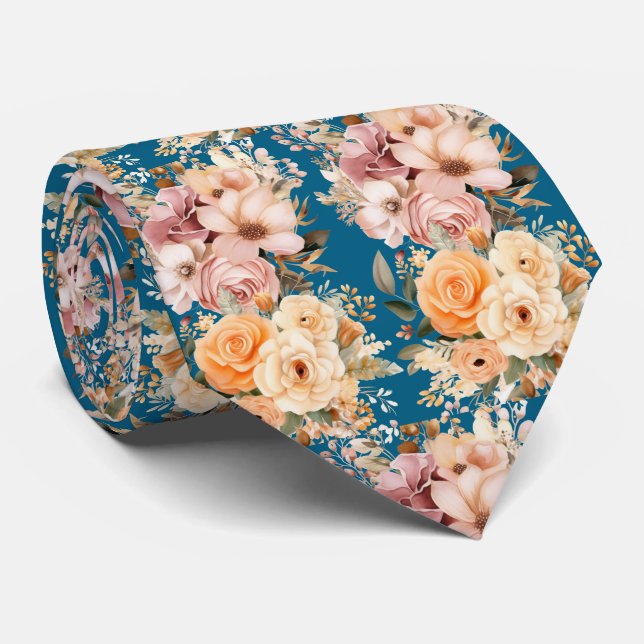 Dammig marinblå och persikorosa blommor blomster slips (Rullad)