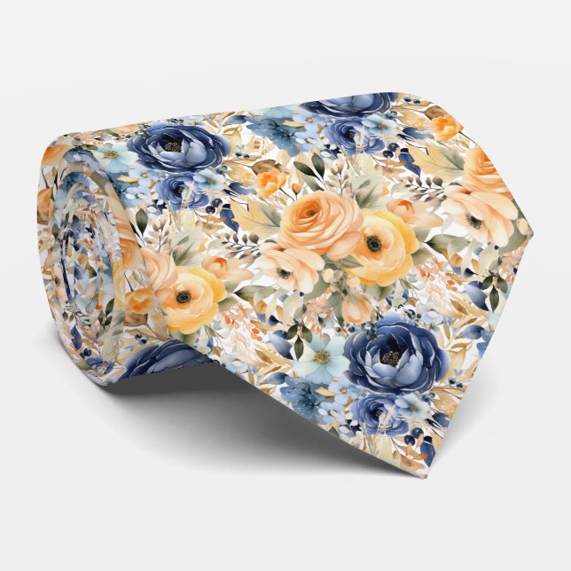 Dammig marinblå och persikorosa rosor blommor blom slips (Rullad)
