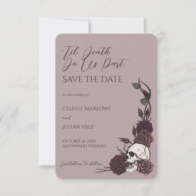 Dammig Mauve Dödskalle och Ros Save the Date Spara Datumet (Framsida)