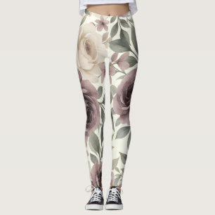 Dammig Mauve & Elfenbensfärgad Botanisk Blomning Leggings