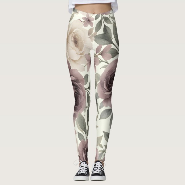 Dammig Mauve & Elfenbensfärgad Botanisk Blomning Leggings (Framsida)