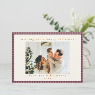 Dammig Mauve Plommon Gingham Rutig Familjejul Julkort