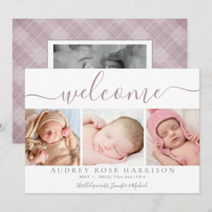 Dammig Mauve Välkommen Baby Fotokollage Födelse Meddelande