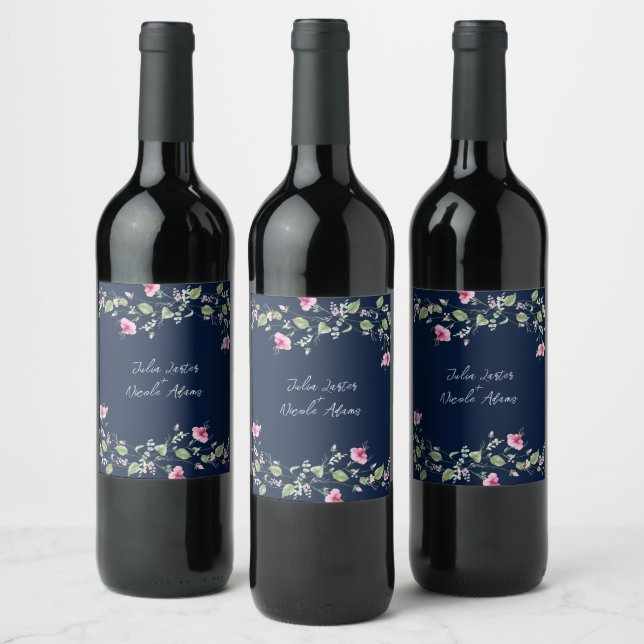 Dammig Navyblå Rosa Hibiskusblom Wedding Shower Vinflaska Etikett (Flaskor)