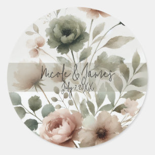 Dammig Oliv & Rosa Vattenfärg Blommig Bröllop Runt Klistermärke