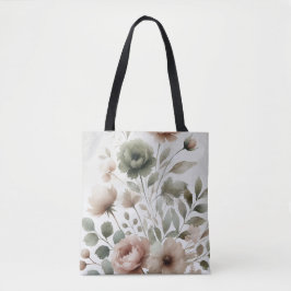 Dammig Oliv & Rosa Vattenfärg Blommig Bröllop Tygkasse