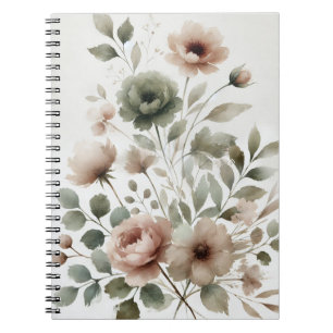Dammig olivgrön och rosa akvarellblommig bröllopsf anteckningsbok