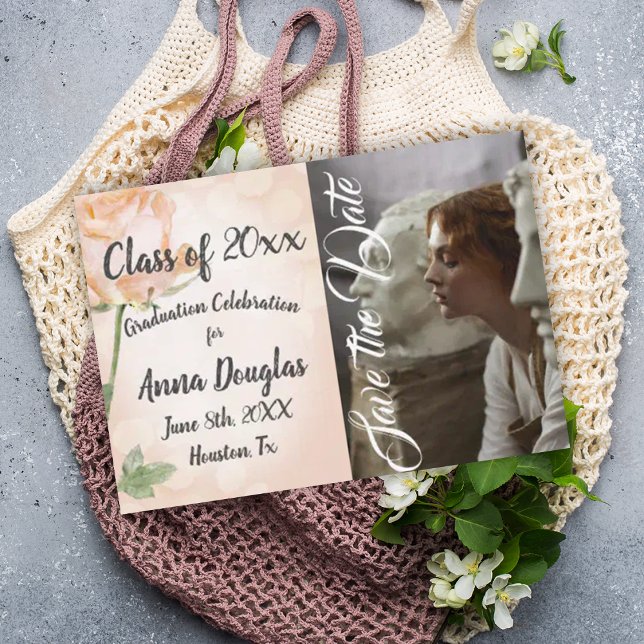 Dammig persikorosa, Spara-datum-kort Rådkort (botanical peach photo graduation party invitation light pink dusty peach roses floral grad save date)
