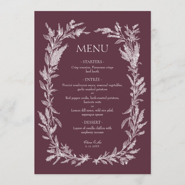 Dammig Plommon Vit Linje Konst Botanisk Bröllop Meny (Framsida)