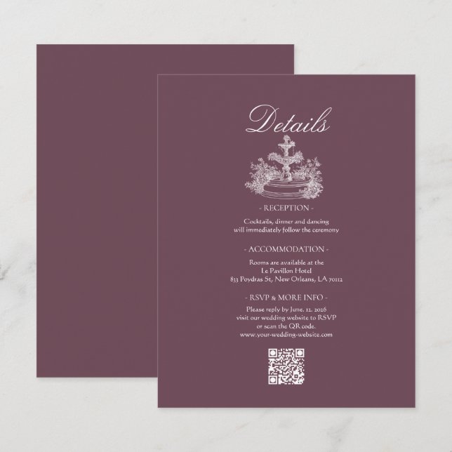 Dammig Plommon Vit Linje Konst Bröllopsdetaljer  Tilläggskort (Fram/baksida)