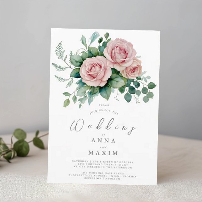 Dammig Ros Blommig Elegant Chic Rosa Bröllop Inbjudningar (Skapare uppladdad)