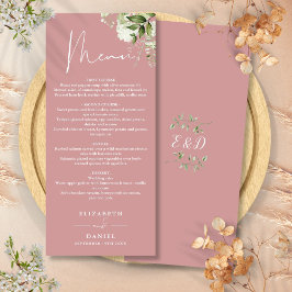 Dammig ros blomster grönska monogram bröllopsmidda meny
