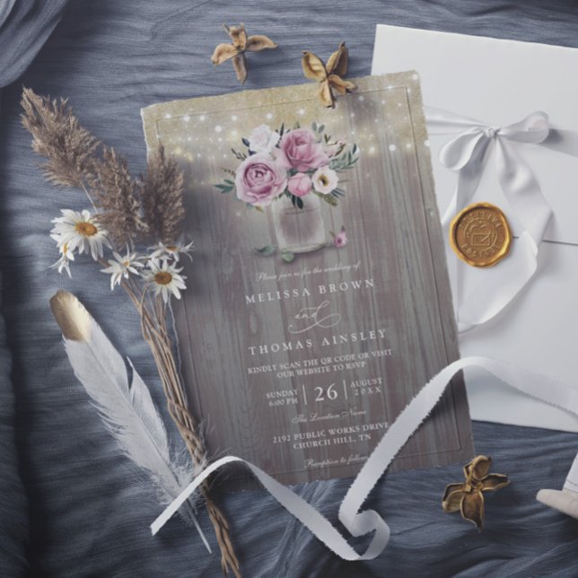 Dammig ros blomster masonkruka rustik QR-kod bröll Inbjudningar (Skapare uppladdad)