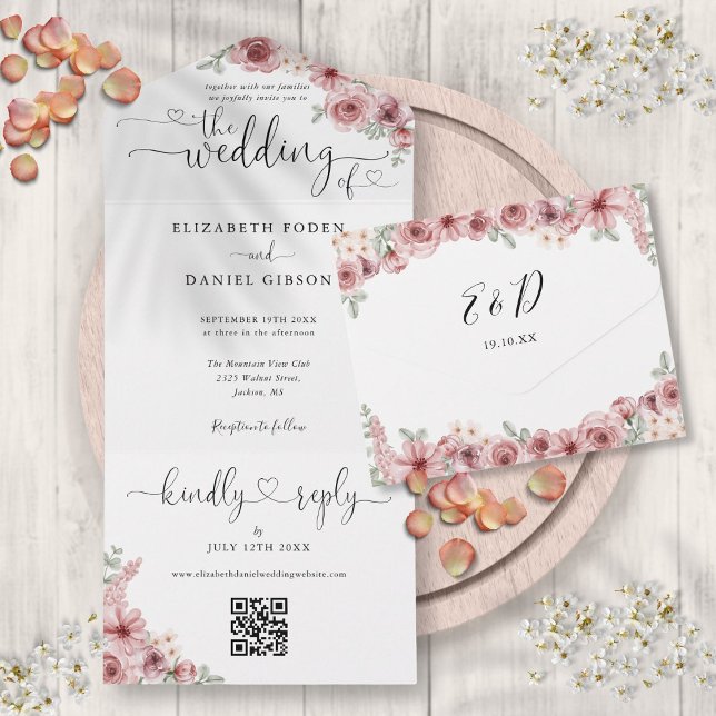 Dammig ros blomsterg QR-kod manus Hjärtan Bröllop (Dusty Rose Floral QR Code Script Hearts Wedding All In One Invitation)