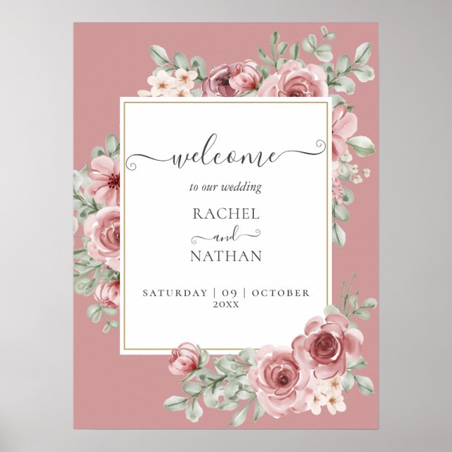 Dammig ros blomstergud Elegant bröllops välkomstsk Poster (Framsidan)