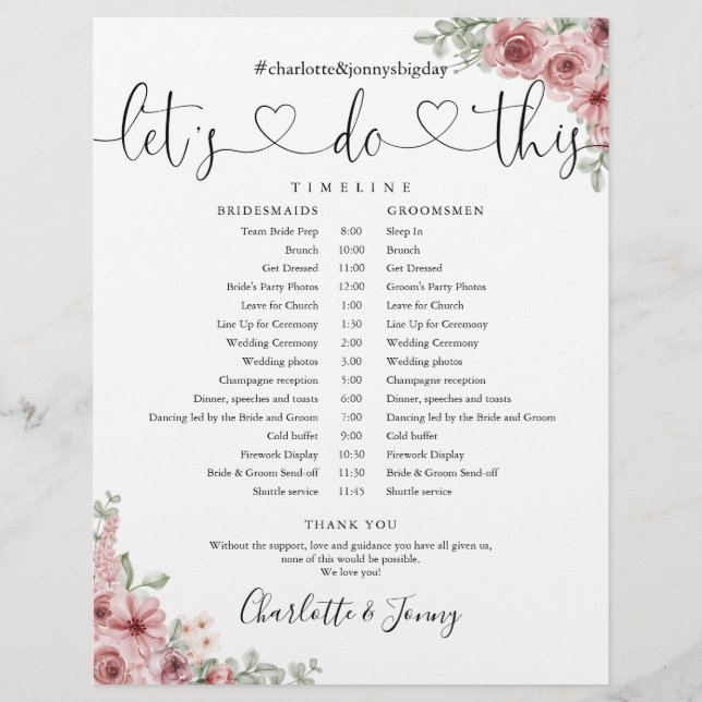 Dammig ros blomsterliknande brölloppsschema tidsli (Framsida)