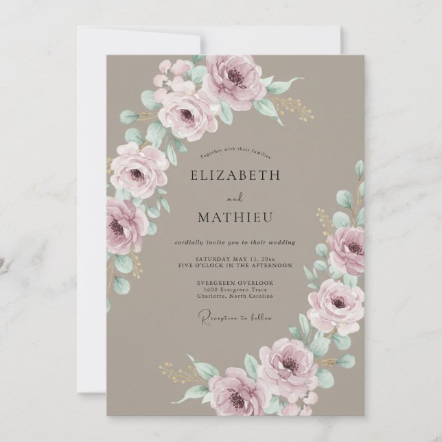 Dammig ros botanisk blomning bröllop inbjudningar (Framsida)