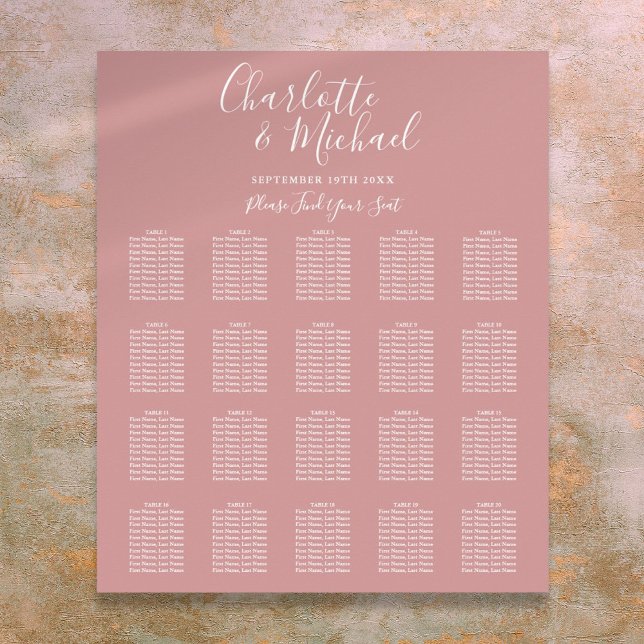 Dammig ros Elegant Bröllopsplatskarta Poster (Dusty Rose Elegant Script Wedding Seating Chart)