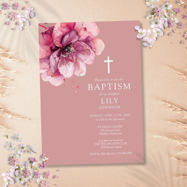 Dammig Ros Elegant Watercolor Blommig Dop Inbjudningar (Dusty Rose Elegant Watercolor Floral Baptism Invitation)