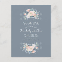 Dammig ros och blekblå blomsterlig spara datum meddelande vykort