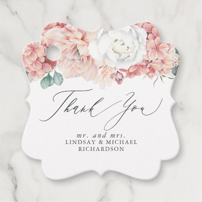 Dammig ros peach blomster elegant tack gåvor etiketter (Framsida)