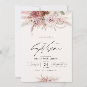 dammig rosa boho blommor rosa Tema flicka baptism Inbjudningar