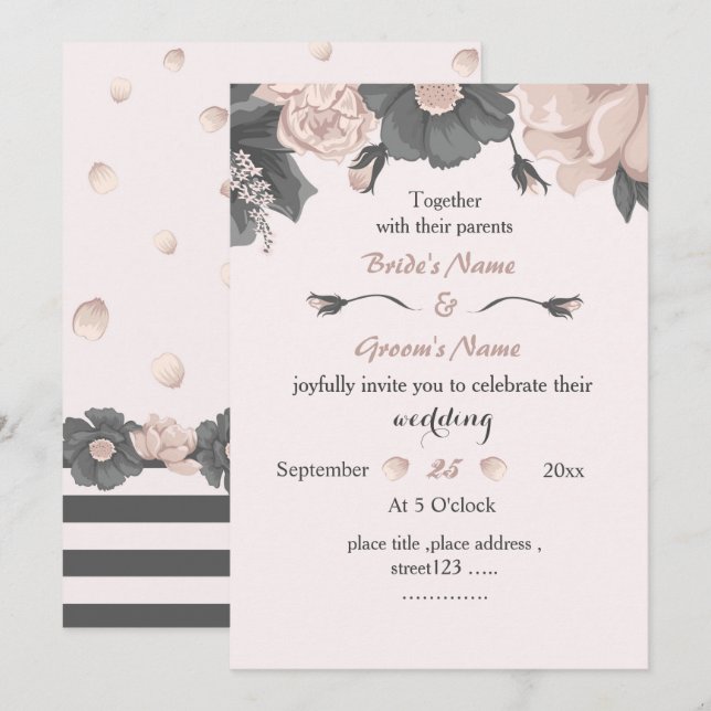 dammig rosa grått blommor fantastisk bröllop inbjudningar (Fram/baksida)