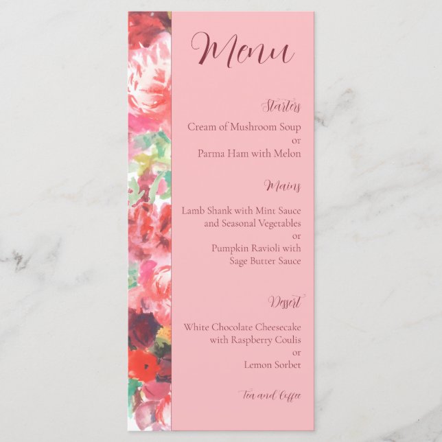 Dammig Rosa Livlig Blommig Bröllopsmeny Meny (Framsida)