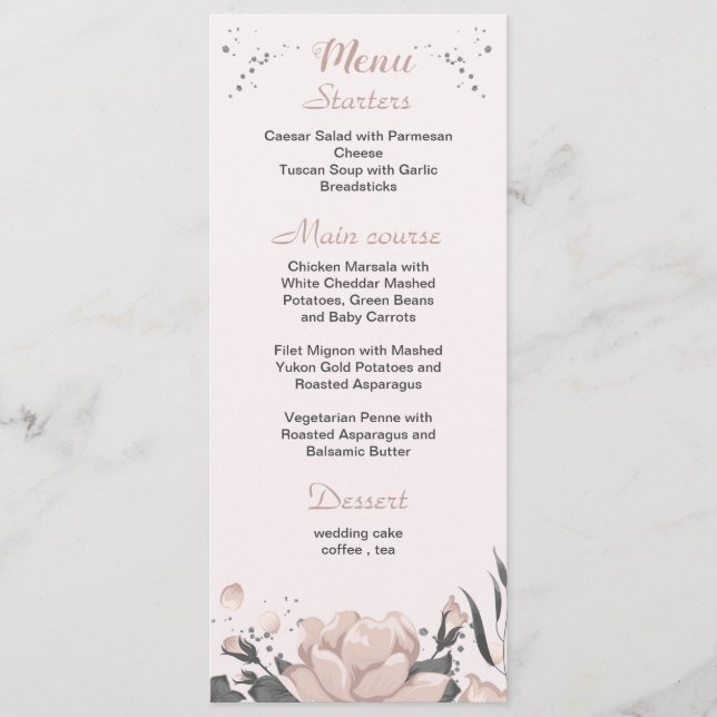 dammig rosa mörk grått blommor botaniska bröllop meny (Framsida)