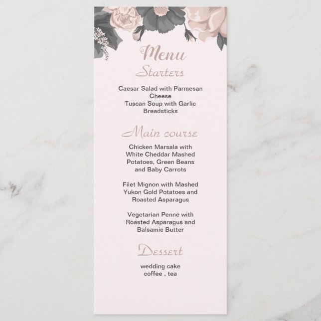 dammig rosa mörk grått blommor botaniska bröllop meny (Framsida)