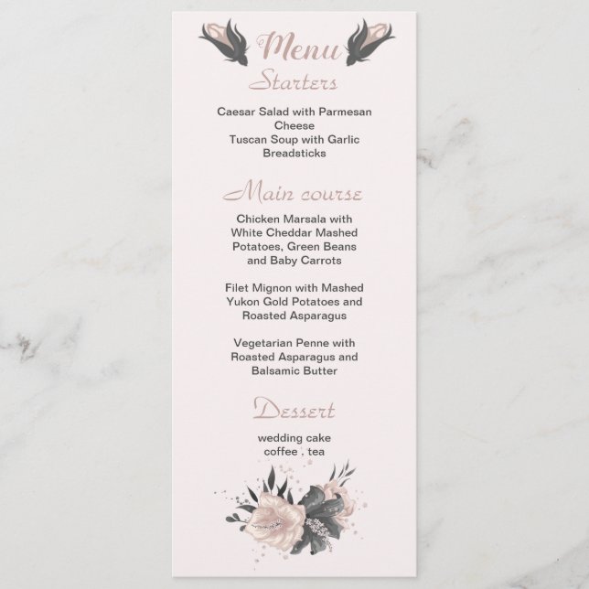 dammig rosa mörk grått blommor botaniska bröllop meny (Framsida)