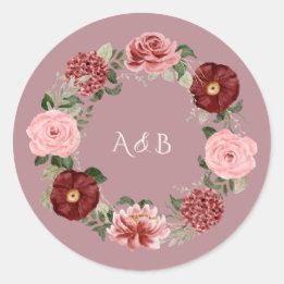 Dammig rosaburgundisk blomsterkrans vigselmonogram runt klistermärke